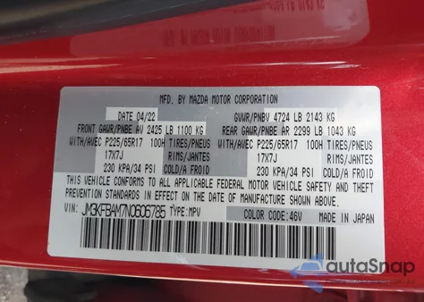 2022 Mazda Cx-5 2.5 S z USA, uszkodzony, nr VIN JM3KFBAM7N0606785